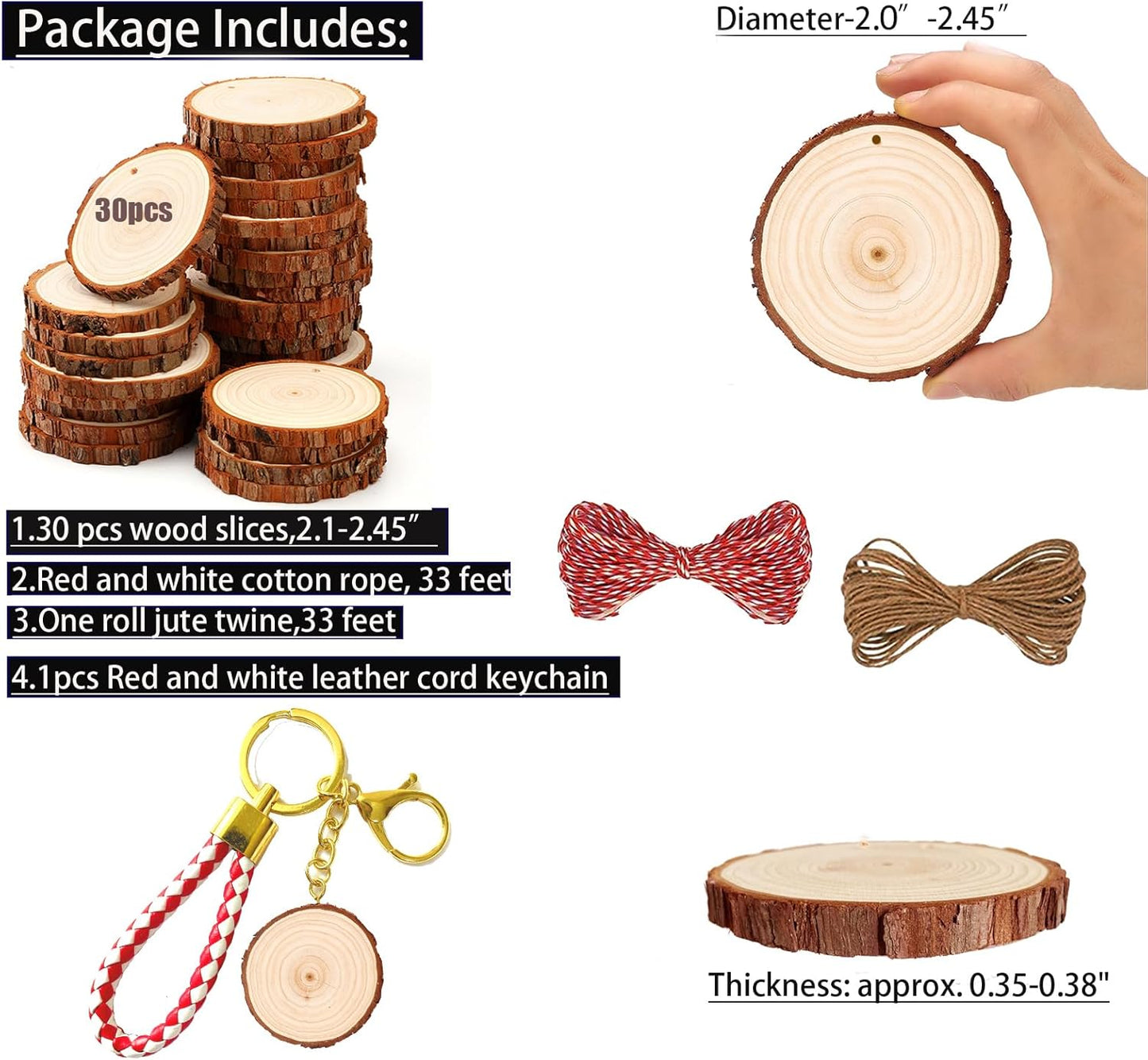 Natural Wood Slices 30Pcs 2.0"-2.45" Predrilled Wood Circles for Crafts Christmas Wood Slices for Crafts round Wooden Discs DIY Wood Ornament