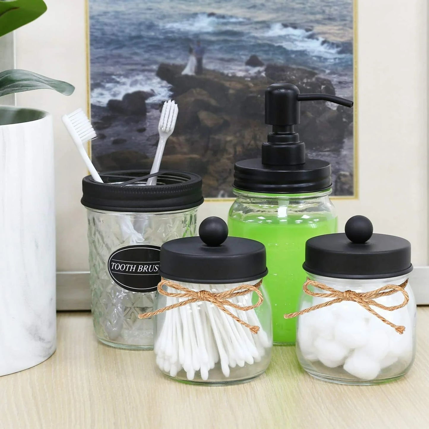 Bathroom Accessories Set 4Pcs, Lotion Soap Dispenser &2 Apothecary Jars &Toothbrush Holder, Bathroom Home Decor Craft, Black