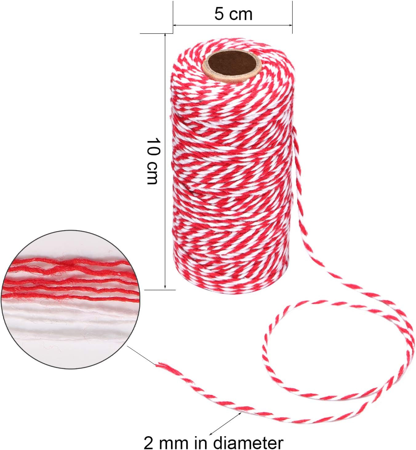 Christmas Cotton Bakers Twine Cord String 2 Mm Candy Rope Ribbon Twine for Party Decorations Gift Wrapping Arts Crafts 656 Feet,2 Rolls (Red+Green+White)