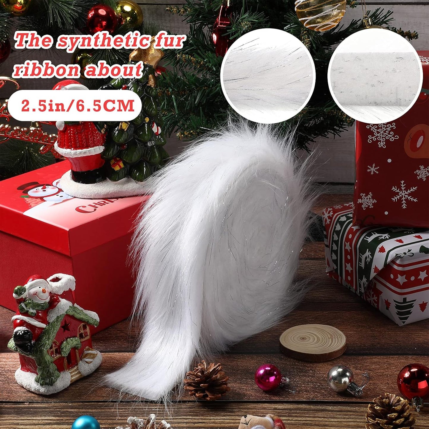 Christmas Faux Fur Ribbon Faux Fur Ribbon Trim Faux Fur Fabric Roll Winter Holiday Garland Ornament for Christmas Tree Wreath Bows Clothing Party Supplies (Silver,2.5 Inch X 12 Yard)