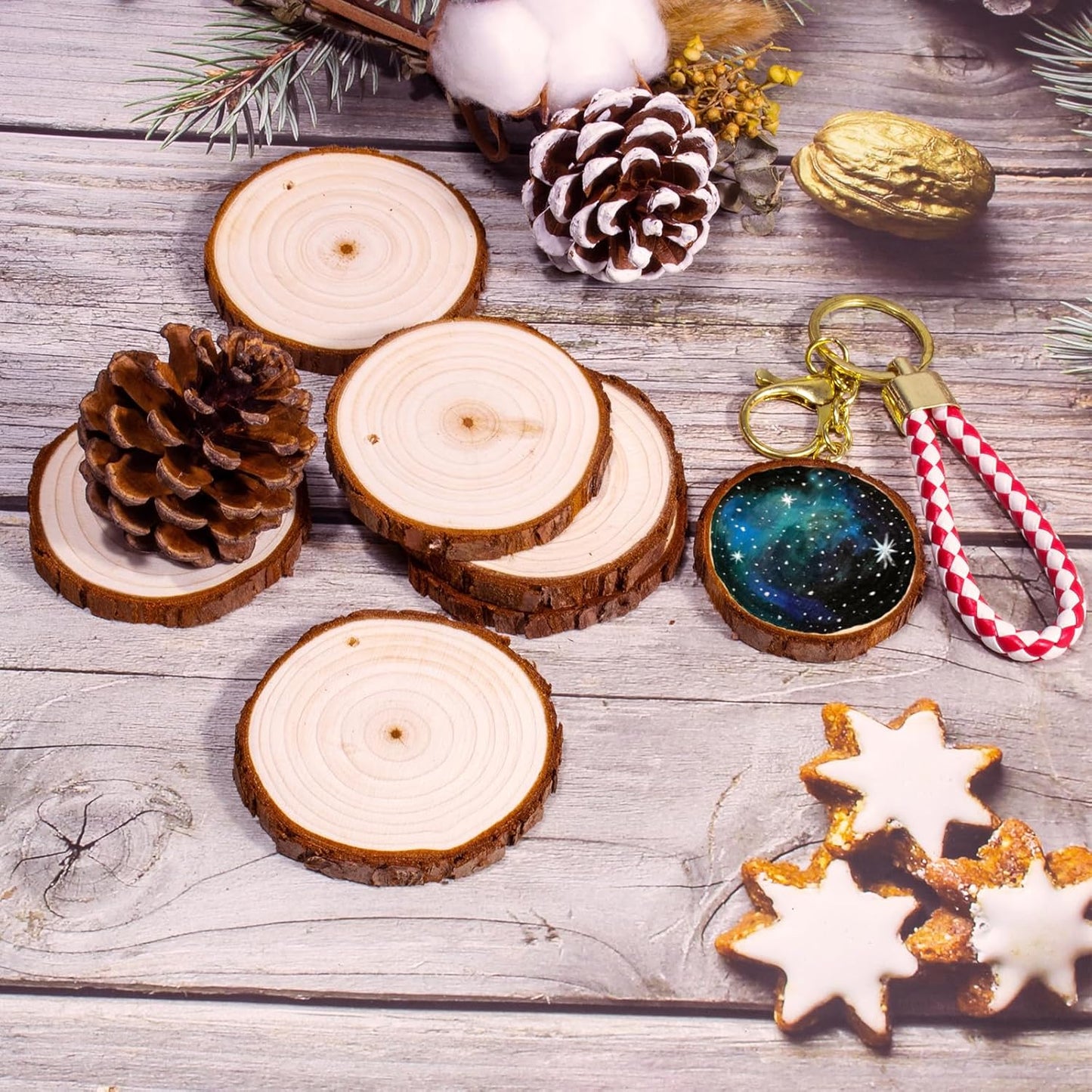 Natural Wood Slices 30Pcs 2.0"-2.45" Predrilled Wood Circles for Crafts Christmas Wood Slices for Crafts round Wooden Discs DIY Wood Ornament