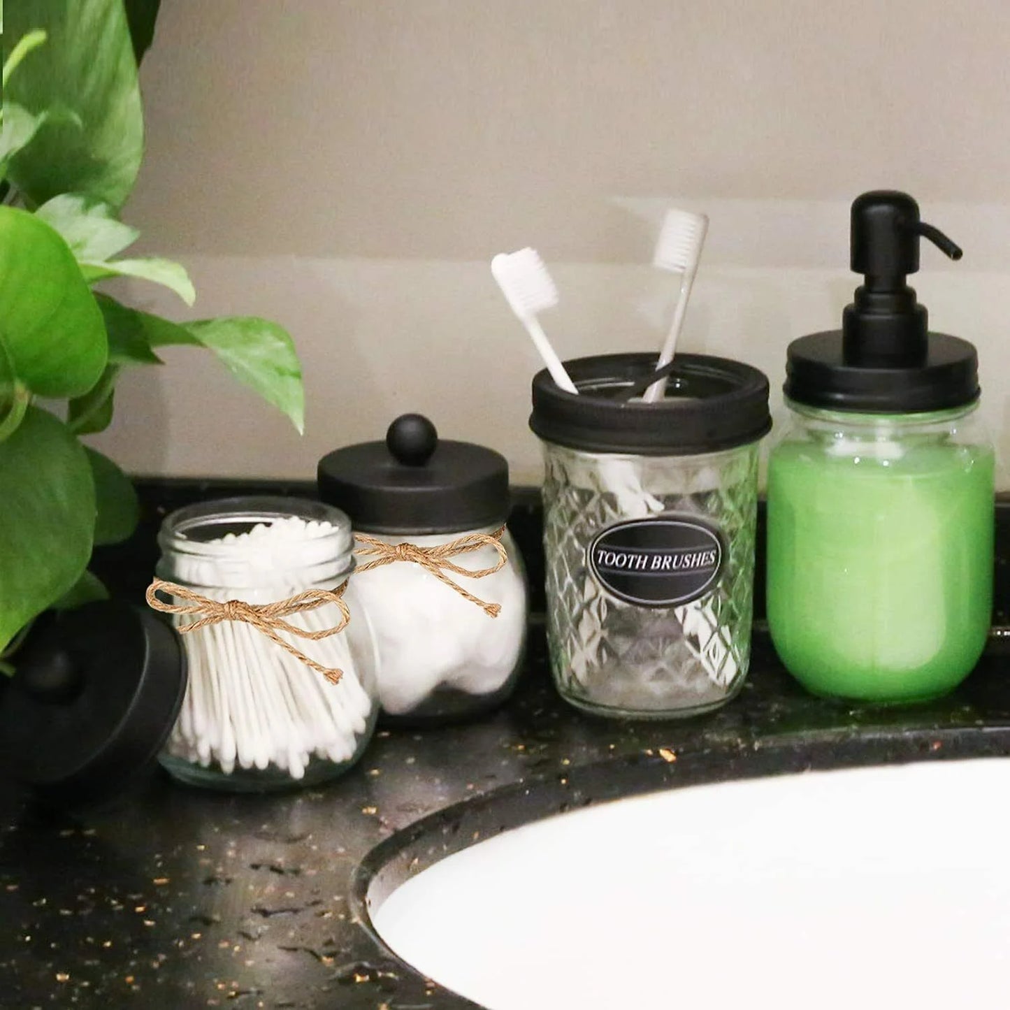 Bathroom Accessories Set 4Pcs, Lotion Soap Dispenser &2 Apothecary Jars &Toothbrush Holder, Bathroom Home Decor Craft, Black