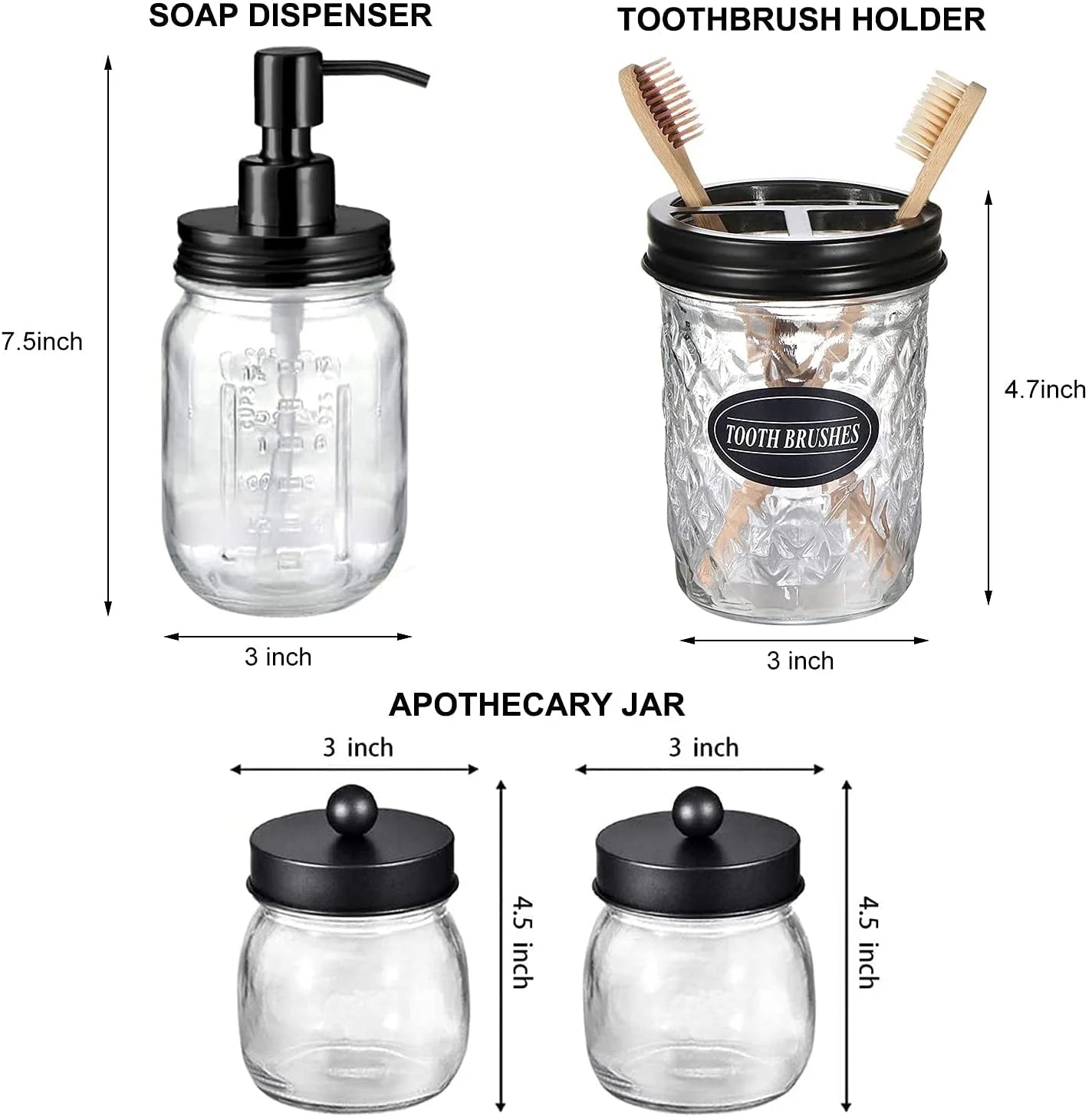 Bathroom Accessories Set 4Pcs, Lotion Soap Dispenser &2 Apothecary Jars &Toothbrush Holder, Bathroom Home Decor Craft, Black