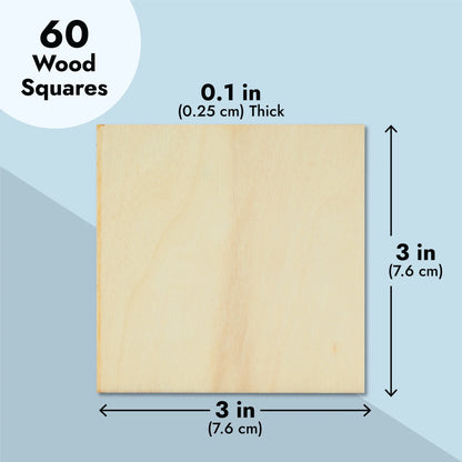 60 Pack Unfinished Wood Pieces 3X3 Inch, Blank Wooden Squares for Crafts, Cutout Tiles for DIY Coasters, Painting, Engraving