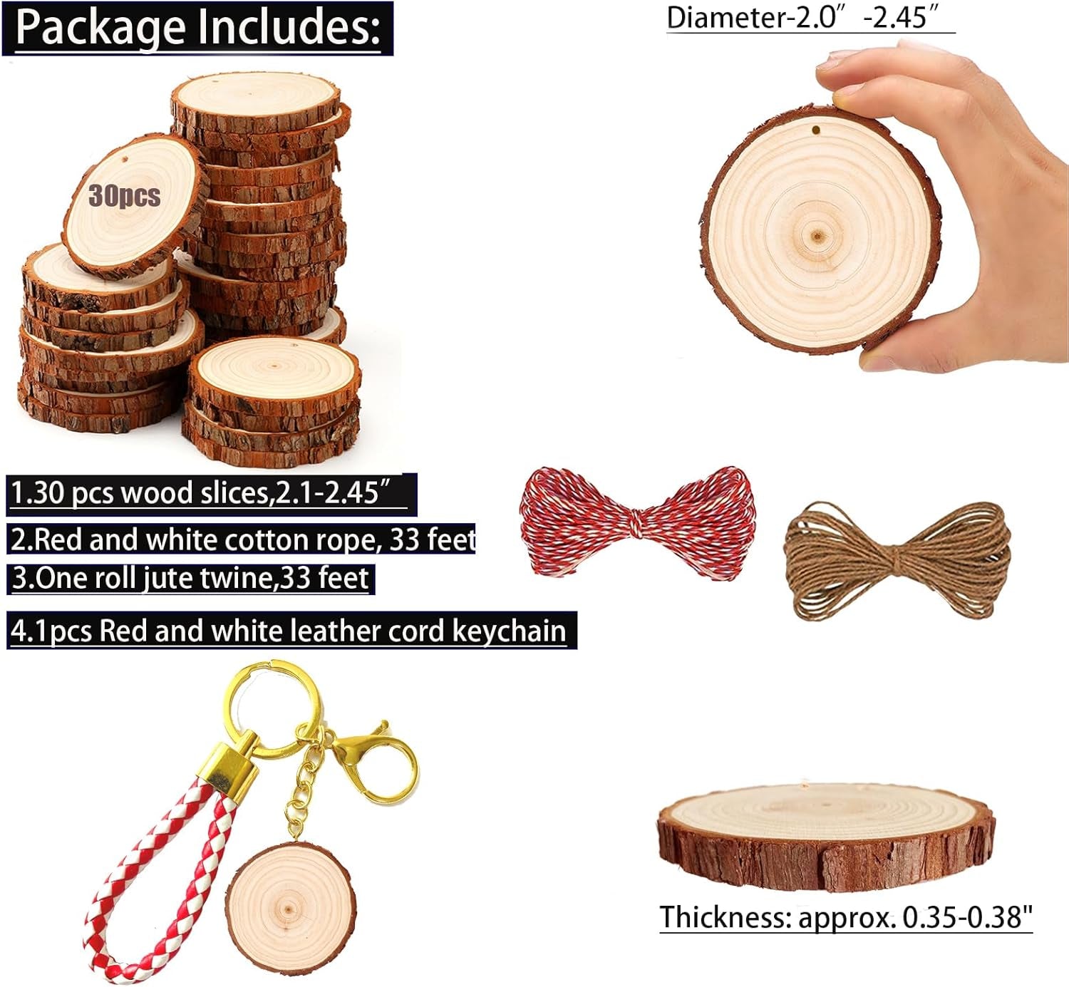 Natural Wood Slices 30Pcs 2.0"-2.45" Predrilled Wood Circles for Crafts Christmas Wood Slices for Crafts round Wooden Discs DIY Wood Ornament