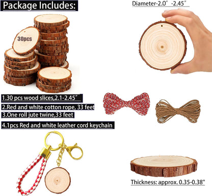 Natural Wood Slices 30Pcs 2.0"-2.45" Predrilled Wood Circles for Crafts Christmas Wood Slices for Crafts round Wooden Discs DIY Wood Ornament