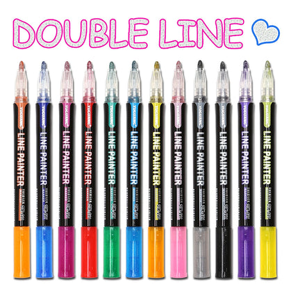 8/12/24Pcs Paint Pen Fluorescent DIY Craft Fade Resistant Outline Double Line Pen Flash Marker School Supplies Black Pl