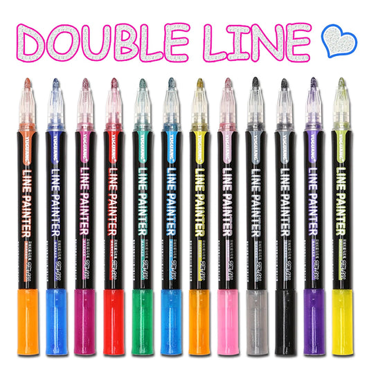 8/12/24Pcs Paint Pen Fluorescent DIY Craft Fade Resistant Outline Double Line Pen Flash Marker School Supplies Black Pl
