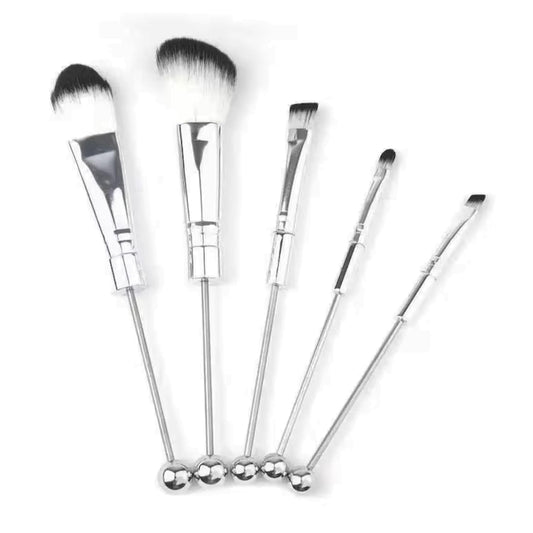 Silver Beadable Makeup Brushes | Set of 5 for Silicone Focal Beads Bubble Gum in Bulk DIY Cosmetic Synthetic Eyeshadow Foundation