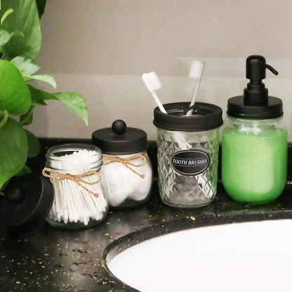 Bathroom Accessories Set 4Pcs, Lotion Soap Dispenser &2 Apothecary Jars &Toothbrush Holder, Bathroom Home Decor Craft, Black