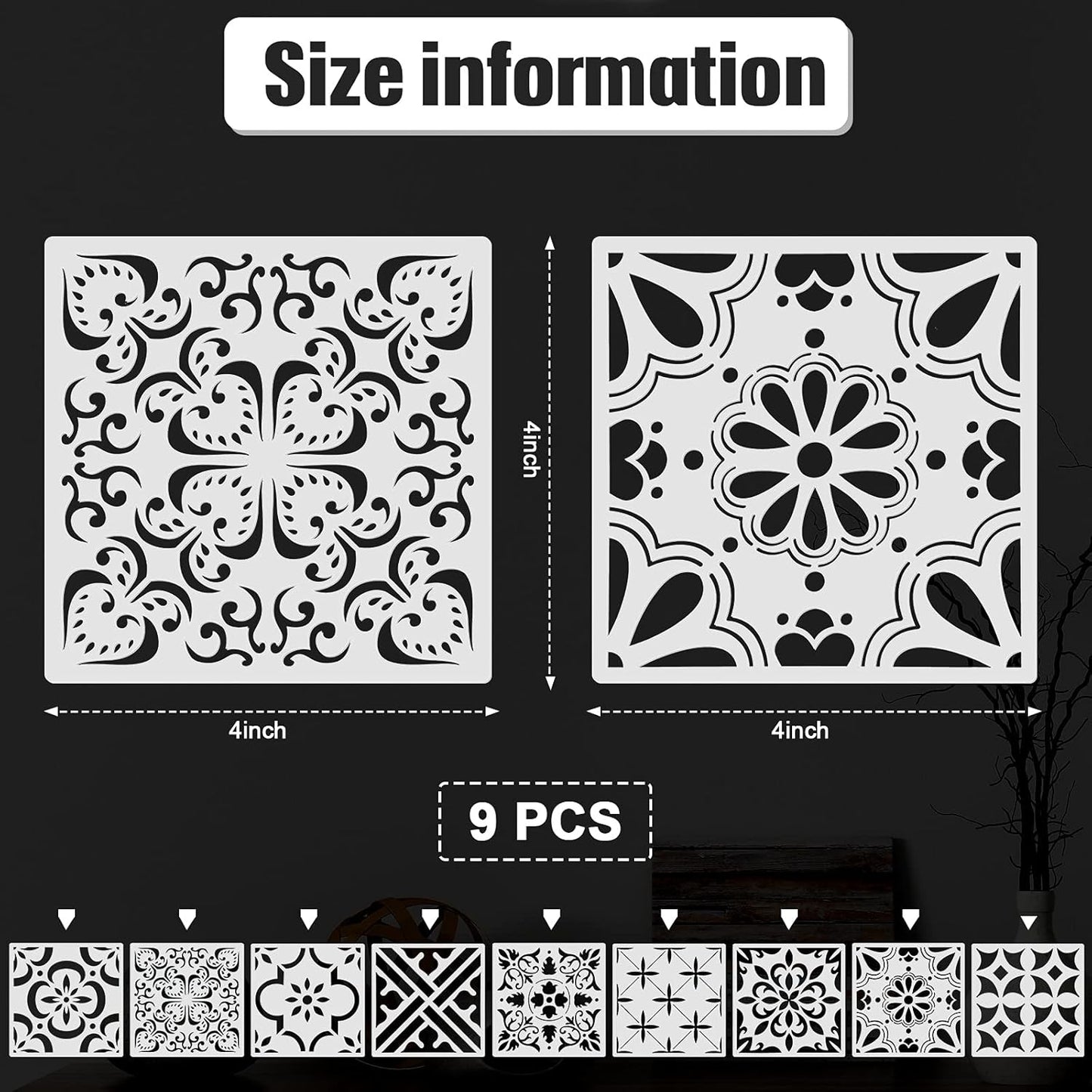 9 Pieces Floor Painting Stencils Large Tile Stencils Wall Drawing Pattern Templates Floor Stencils Kit in 9 Styles for Painting Linoleum Floor Wall Wood Tiles Cement Decor (Simple Style,4 X 4 Inch)