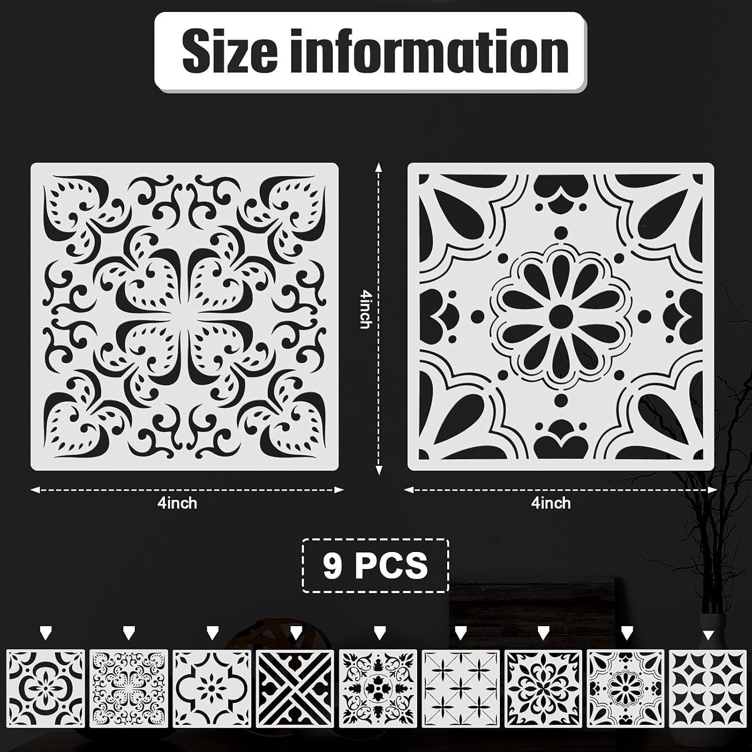 9 Pieces Floor Painting Stencils Large Tile Stencils Wall Drawing Pattern Templates Floor Stencils Kit in 9 Styles for Painting Linoleum Floor Wall Wood Tiles Cement Decor (Simple Style,4 X 4 Inch)