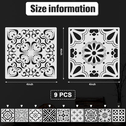 9 Pieces Floor Painting Stencils Large Tile Stencils Wall Drawing Pattern Templates Floor Stencils Kit in 9 Styles for Painting Linoleum Floor Wall Wood Tiles Cement Decor (Simple Style,4 X 4 Inch)