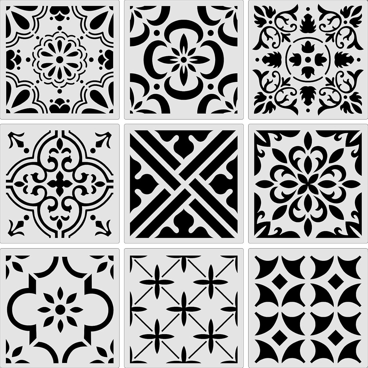 9 Pieces Floor Painting Stencils Large Tile Stencils Wall Drawing Pattern Templates Floor Stencils Kit in 9 Styles for Painting Linoleum Floor Wall Wood Tiles Cement Decor (Simple Style,4 X 4 Inch)