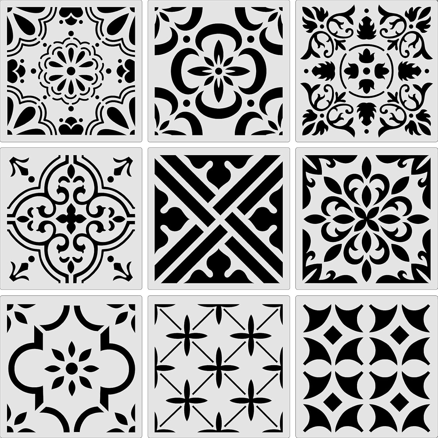 9 Pieces Floor Painting Stencils Large Tile Stencils Wall Drawing Pattern Templates Floor Stencils Kit in 9 Styles for Painting Linoleum Floor Wall Wood Tiles Cement Decor (Simple Style,4 X 4 Inch)