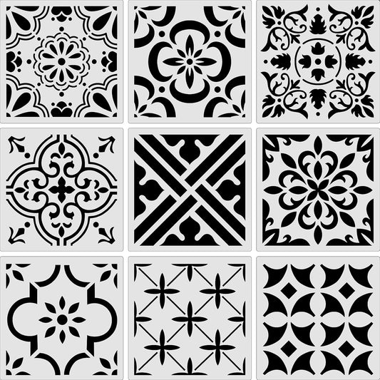 9 Pieces Floor Painting Stencils Large Tile Stencils Wall Drawing Pattern Templates Floor Stencils Kit in 9 Styles for Painting Linoleum Floor Wall Wood Tiles Cement Decor (Simple Style,4 X 4 Inch)