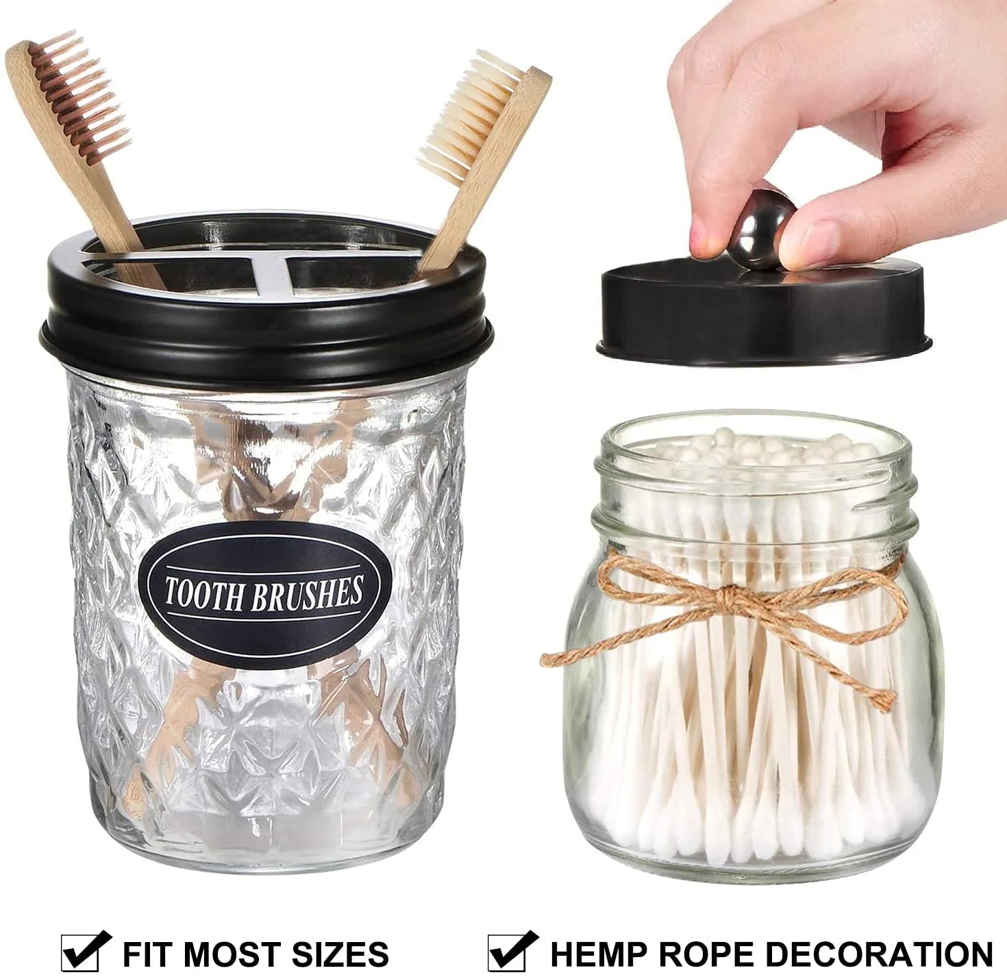 Bathroom Accessories Set 4Pcs, Lotion Soap Dispenser &2 Apothecary Jars &Toothbrush Holder, Bathroom Home Decor Craft, Black