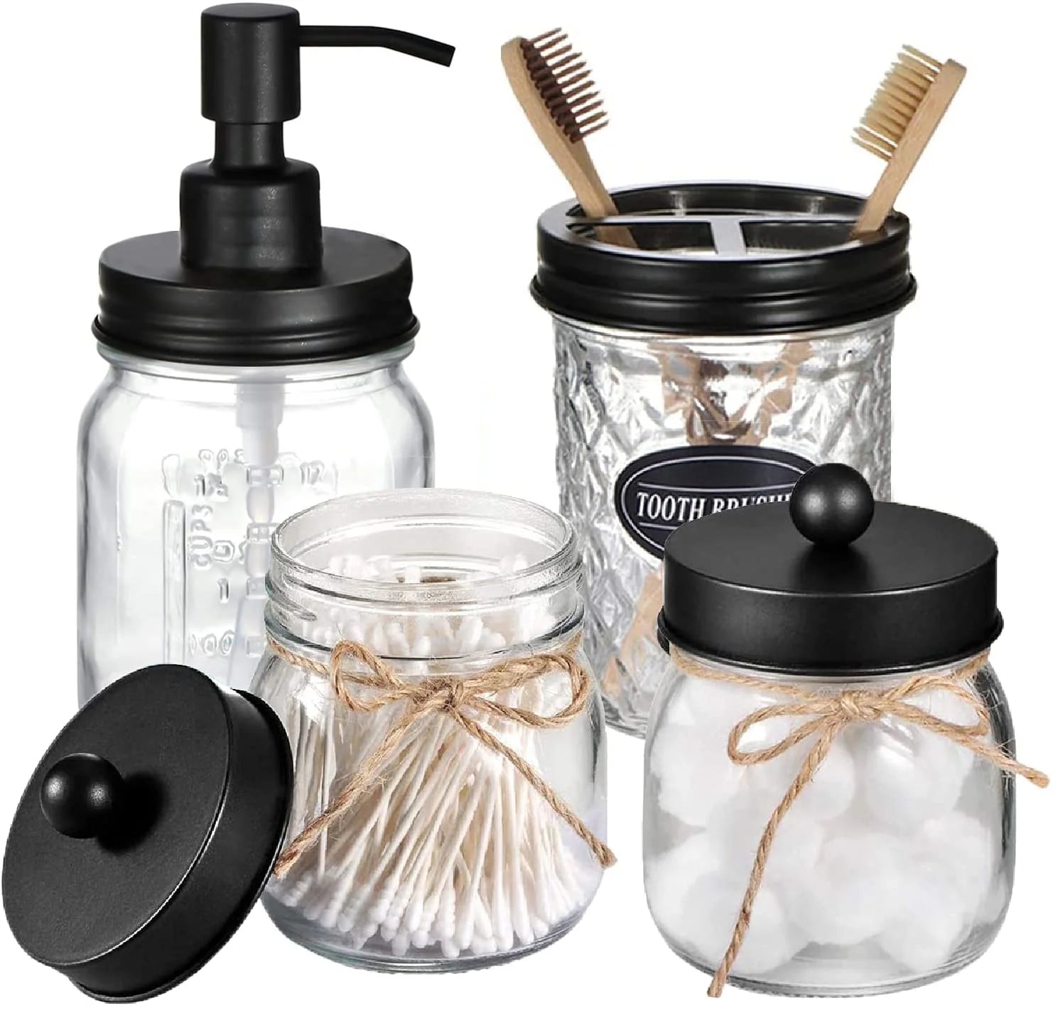Bathroom Accessories Set 4Pcs, Lotion Soap Dispenser &2 Apothecary Jars &Toothbrush Holder, Bathroom Home Decor Craft, Black