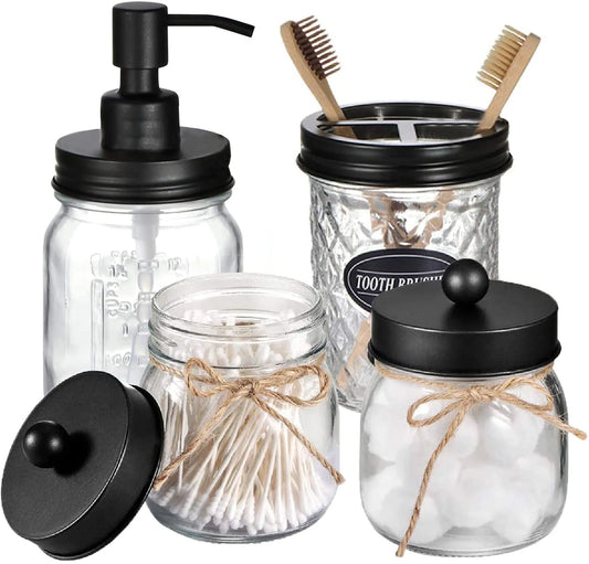 Bathroom Accessories Set 4Pcs, Lotion Soap Dispenser &2 Apothecary Jars &Toothbrush Holder, Bathroom Home Decor Craft, Black