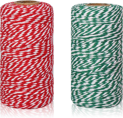 Christmas Cotton Bakers Twine Cord String 2 Mm Candy Rope Ribbon Twine for Party Decorations Gift Wrapping Arts Crafts 656 Feet,2 Rolls (Red+Green+White)