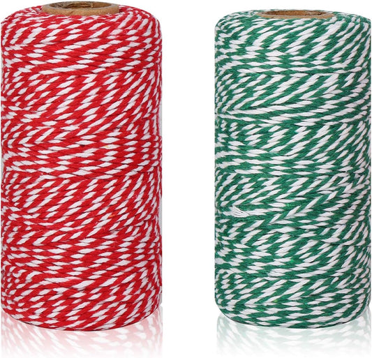 Christmas Cotton Bakers Twine Cord String 2 Mm Candy Rope Ribbon Twine for Party Decorations Gift Wrapping Arts Crafts 656 Feet,2 Rolls (Red+Green+White)