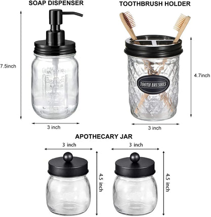 Bathroom Accessories Set 4Pcs, Lotion Soap Dispenser &2 Apothecary Jars &Toothbrush Holder, Bathroom Home Decor Craft, Black